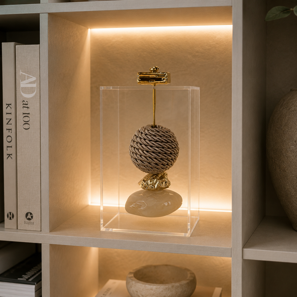 Caixa decorativa de acrílico de Aragonita e Esfera de Macrame.