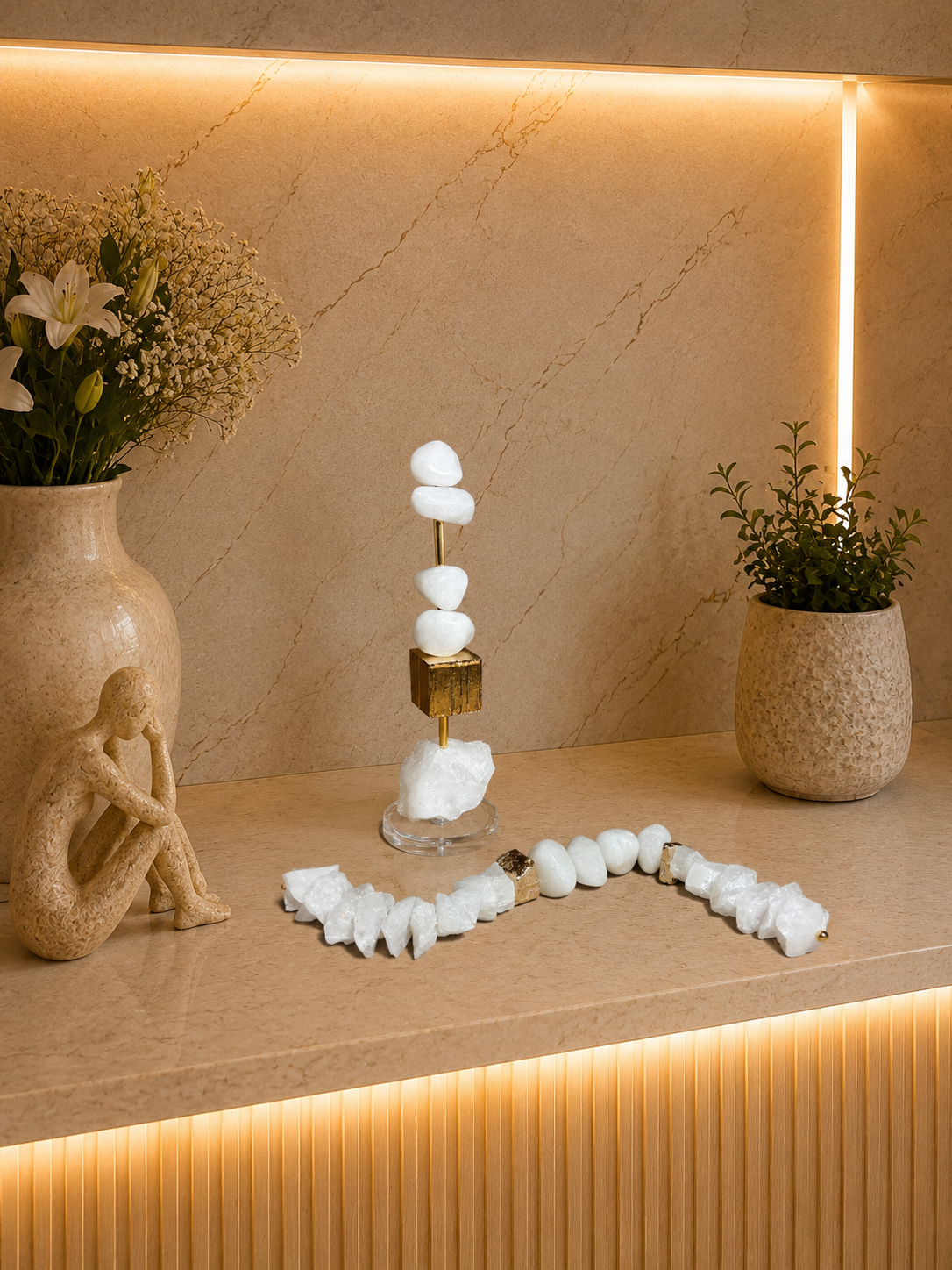 Escultura Decorativa de Quartzo Branco e esfera banhada. (Cópia)
