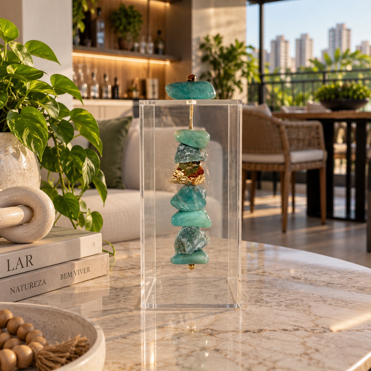 Caixa de Acrílico Decorativa Com Pedra Natural - Amazonita e Pedra Banhada.