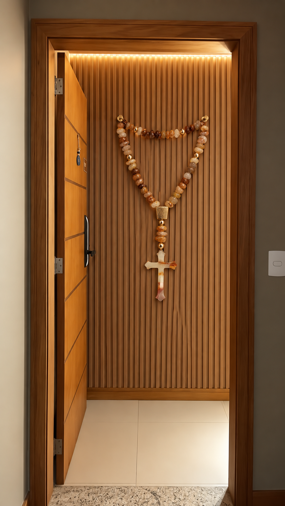 Terço decorativo de Pedras Naturais - Hematóide e Cruz de Ônix com 53 contas.