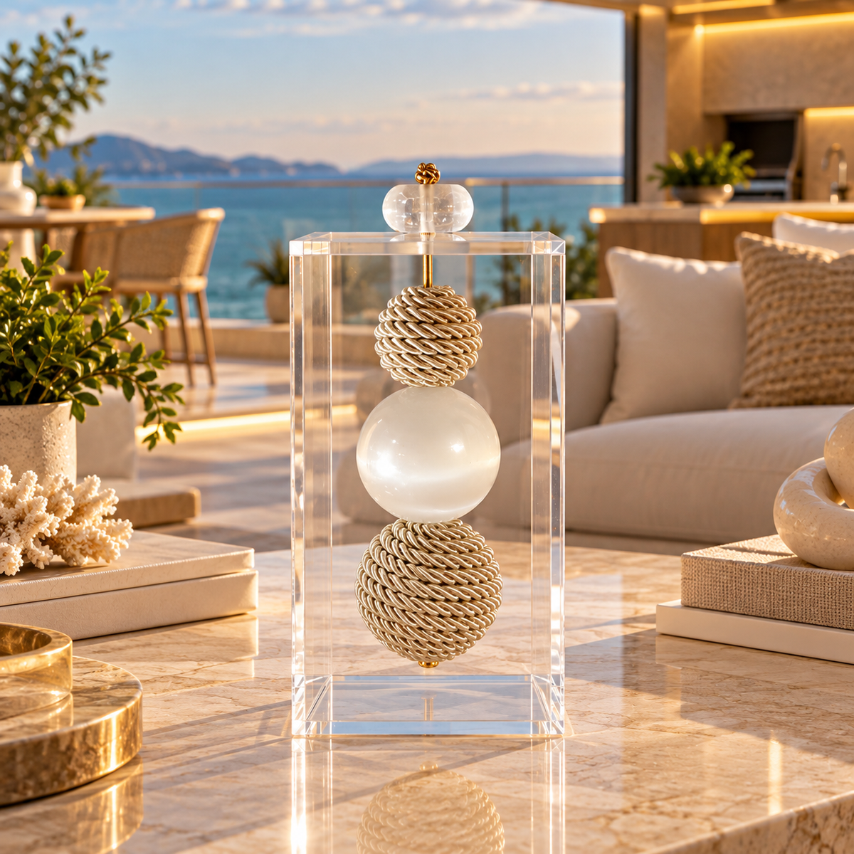 Caixa decorativa de acrílico de Esfera de Fio de Macrame e Selenita.