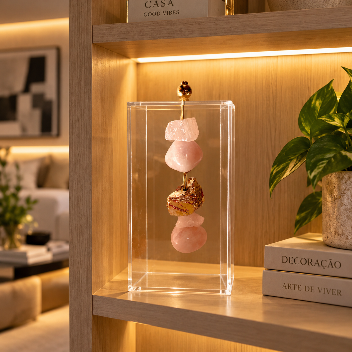 Caixa de Acrílico Decorativa Com Pedra Natural - Quartzo Rosa com Pedra Banhada.