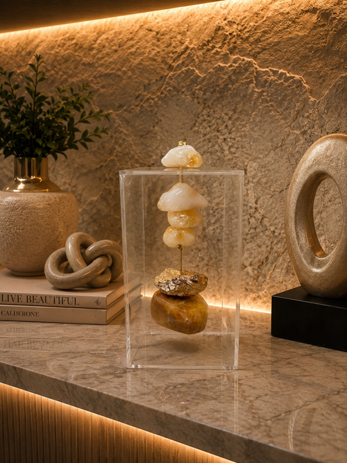 Caixa decorativa de acrílico de Citrino e Pedra Bruta Banhada.