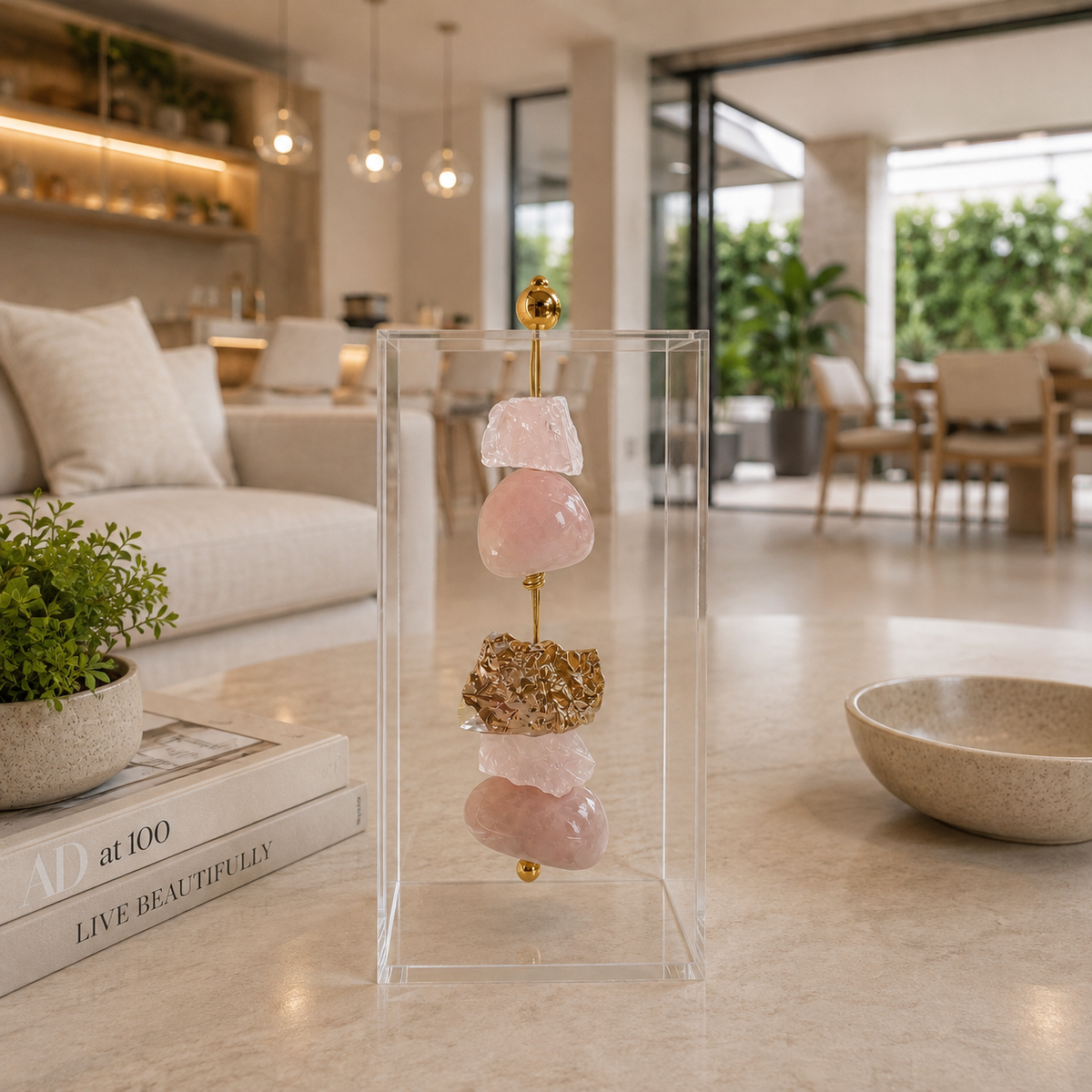 Caixa de Acrílico Decorativa Com Pedra Natural - Quartzo Rosa com Pedra Banhada.