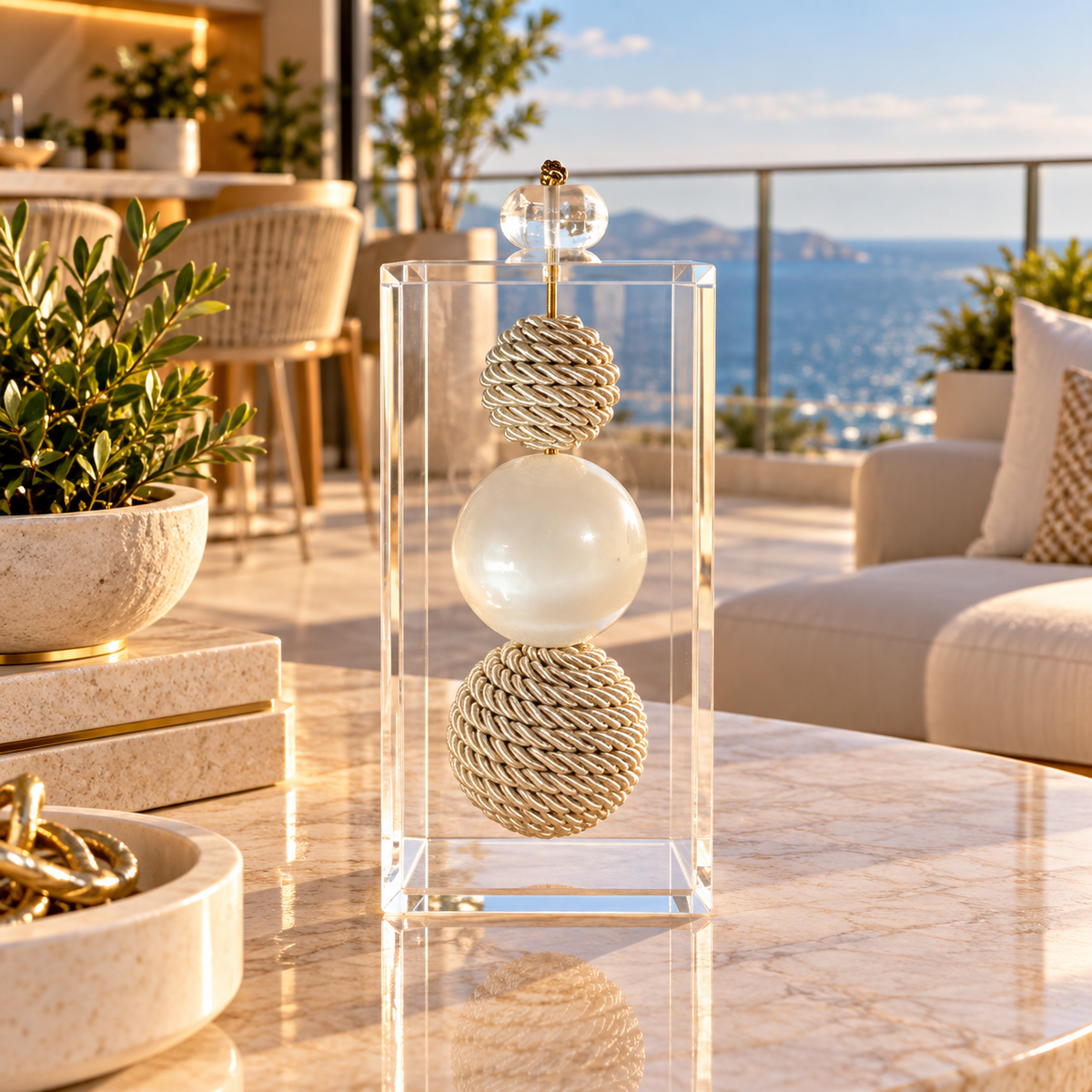 Caixa decorativa de acrílico de Esfera de Fio de Macrame e Selenita.