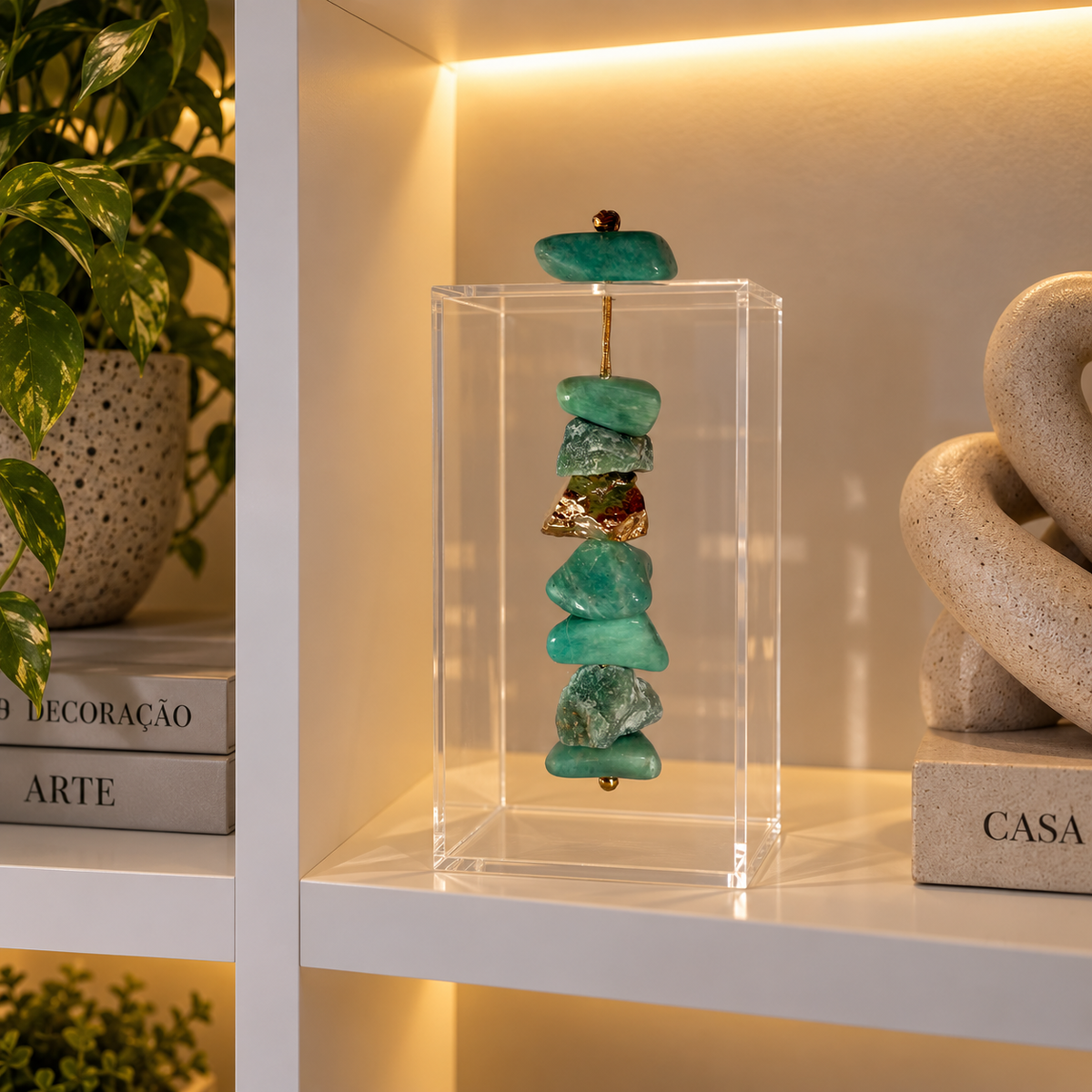 Caixa de Acrílico Decorativa Com Pedra Natural - Amazonita e Pedra Banhada.