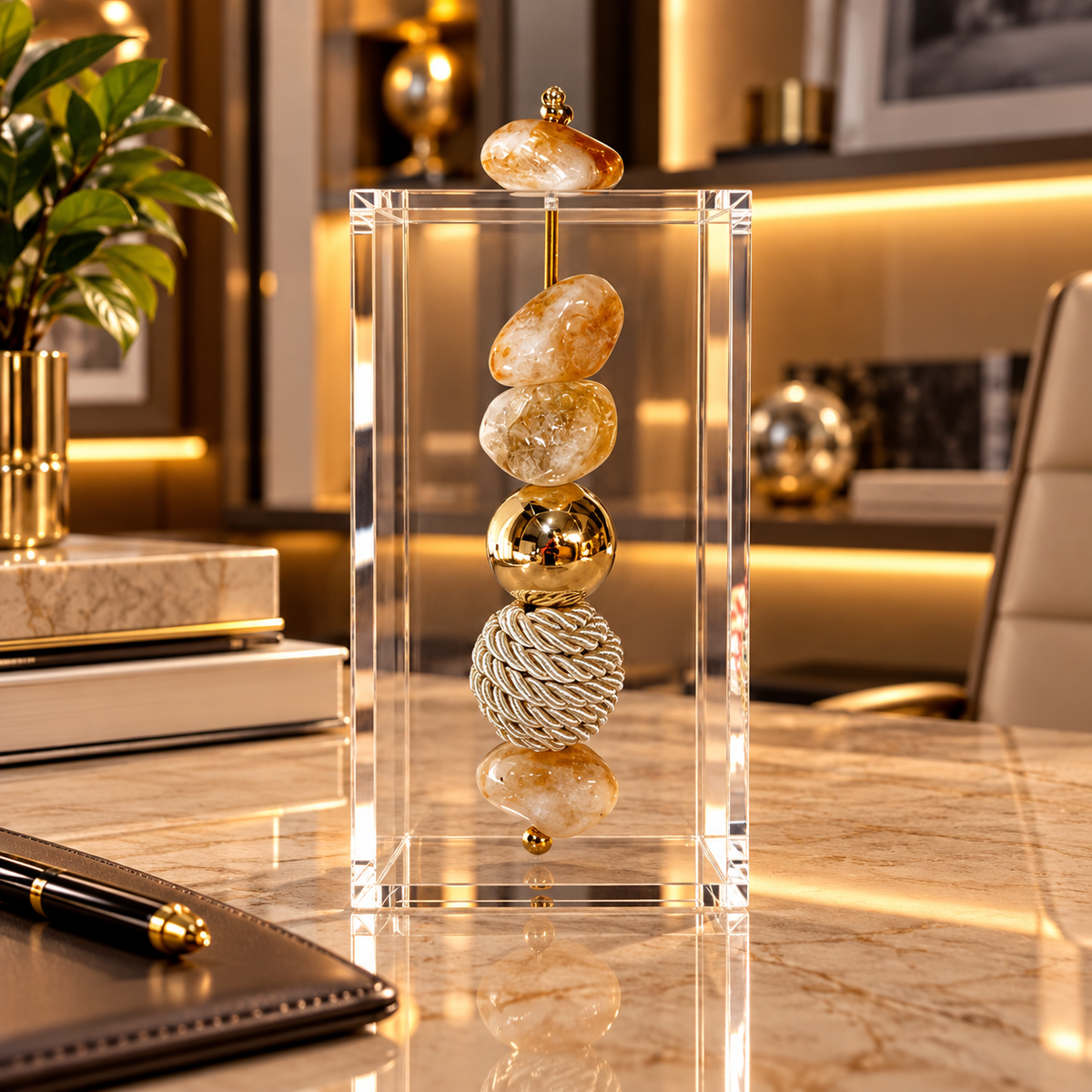 Caixa decorativa de acrílico de Citrino, Esfera Banhada e com Fio de Macrame.