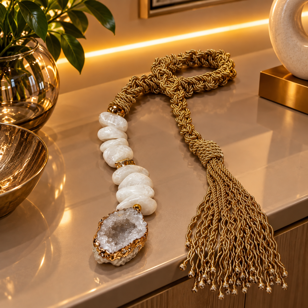 Colar Decorativo de Quartzo Branco, Pedra do Marrocos e Macrame