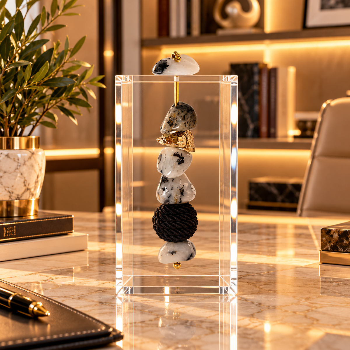 Caixa decorativa de acrílico de Quartzo Turmalinado e Esfera de Fio de Macrame.