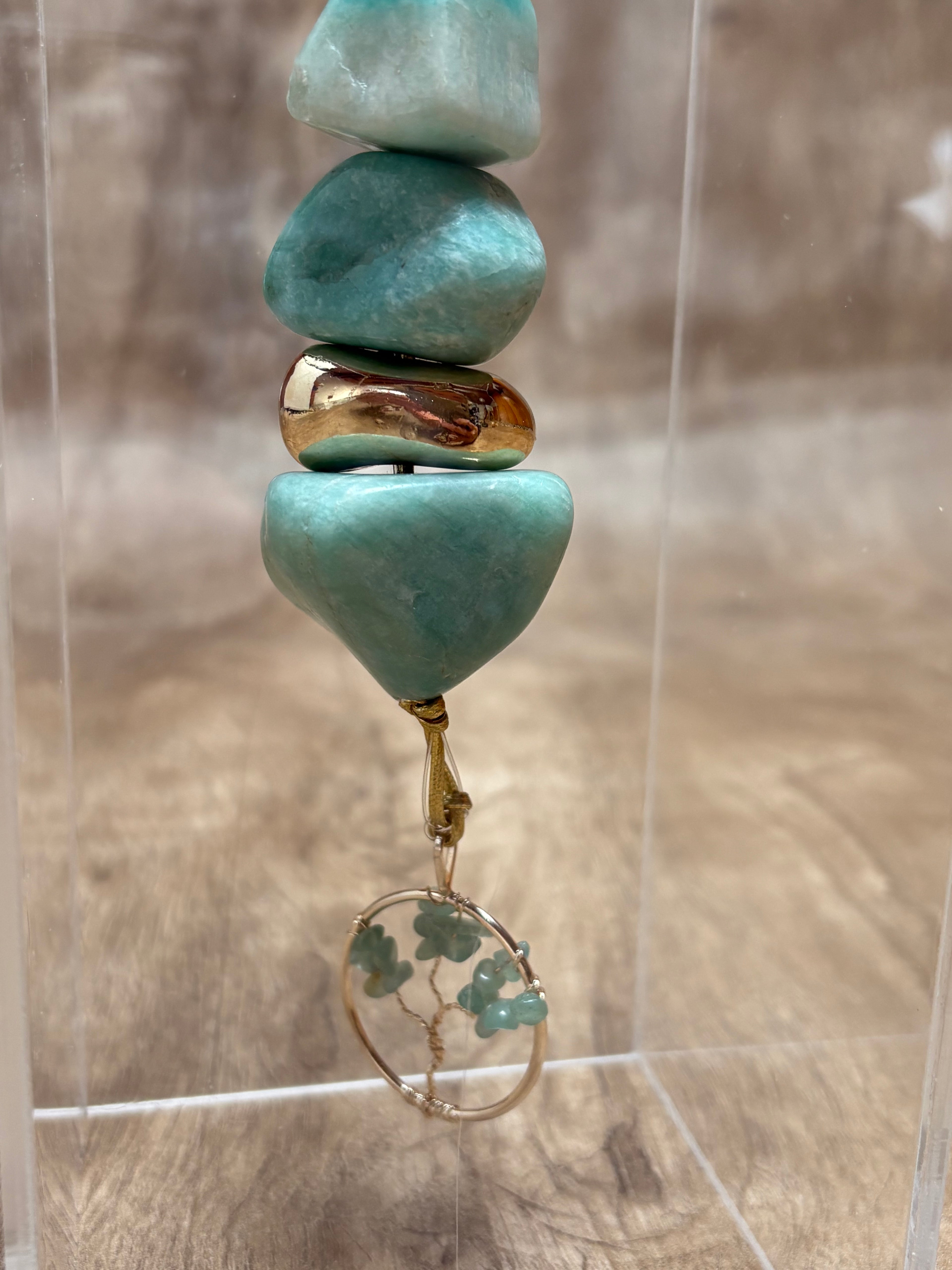 Caixa de Acrílico Decorativa Com Pedra Natural - Amazonita com pingente Árvore da Vida.