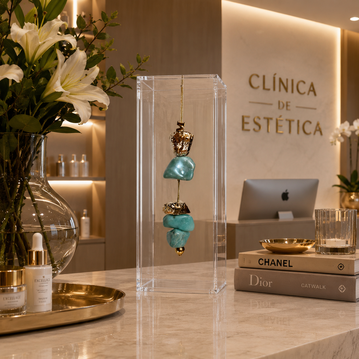 Caixa de Acrílico Decorativa Com Pedra Natural - Amazonita com dourado.