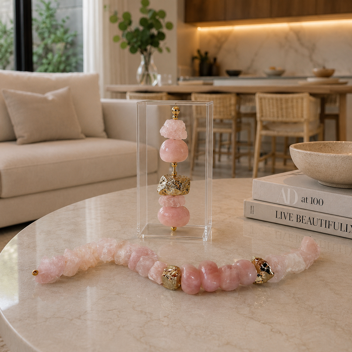 Colar de Mesa Bela- Quartzo Rosa com Pedra Banhada.