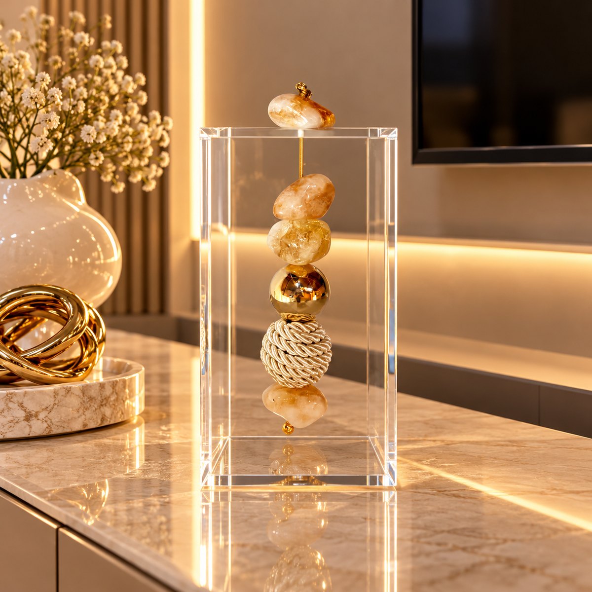 Caixa decorativa de acrílico de Citrino, Esfera Banhada e com Fio de Macrame.