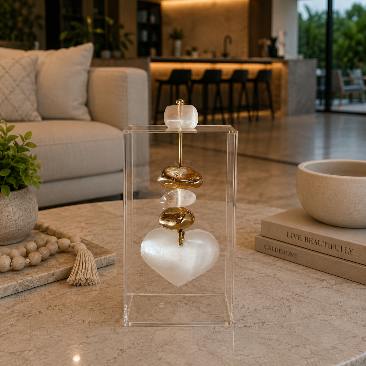 Caixa decorativa de acrílico de Cristal com Coração de Selenita.