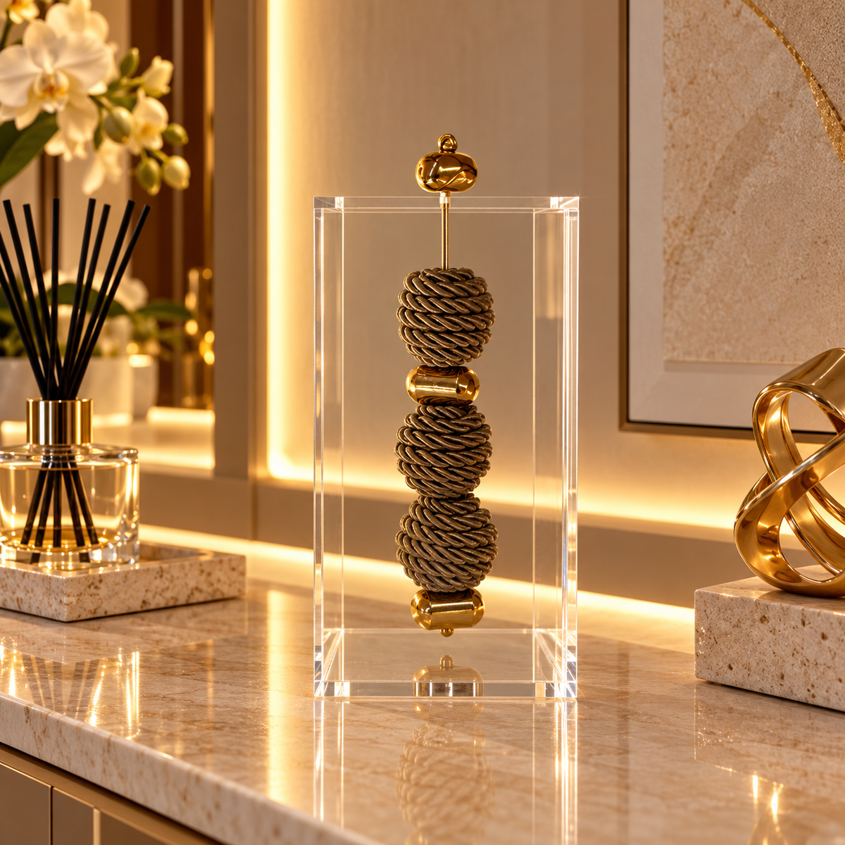 Caixa decorativa de acrílico de Esfera de Fio de Macrame e Pedra Banhada.