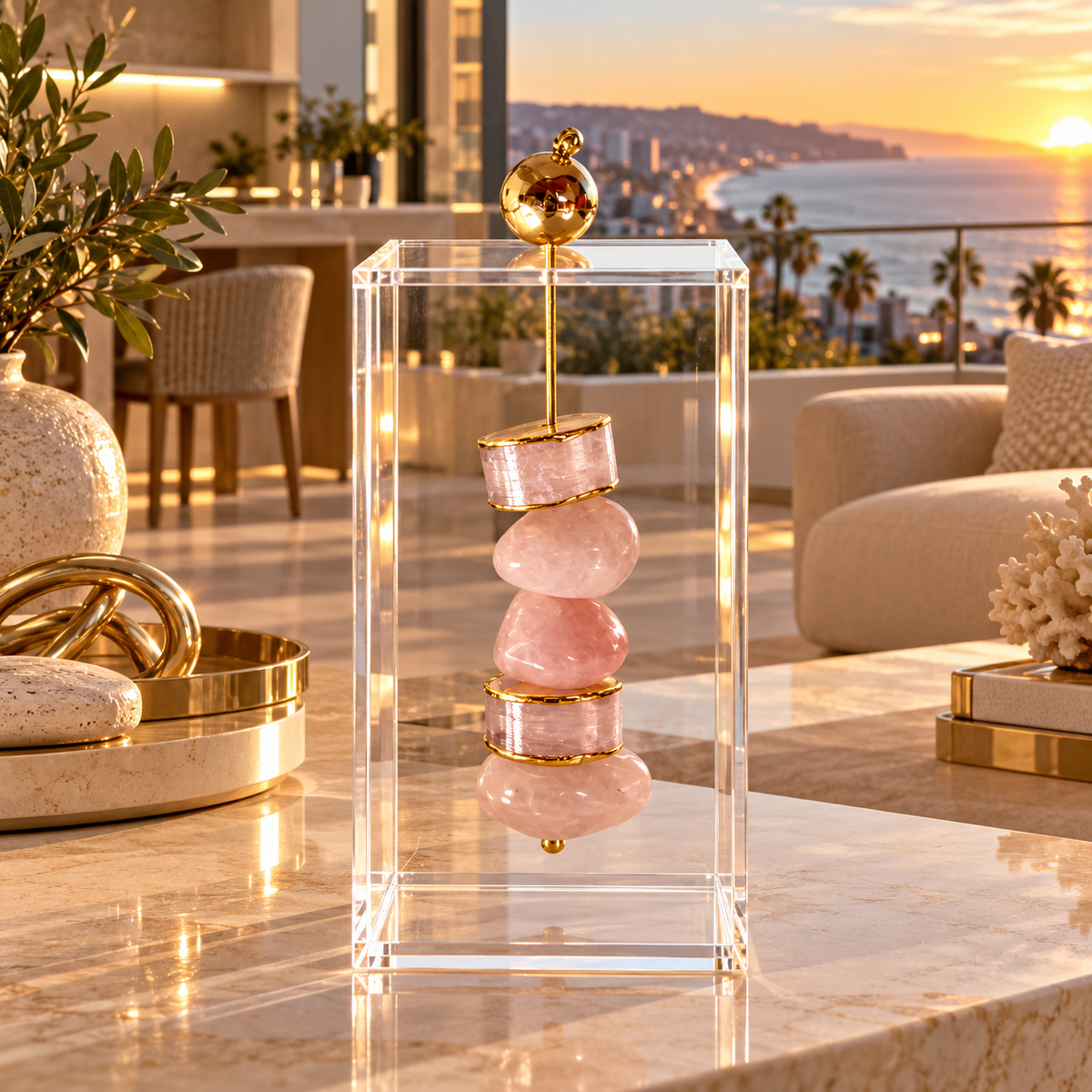 Caixa decorativa de acrílico de Quartzo Rosa e Selenita Banhada.
