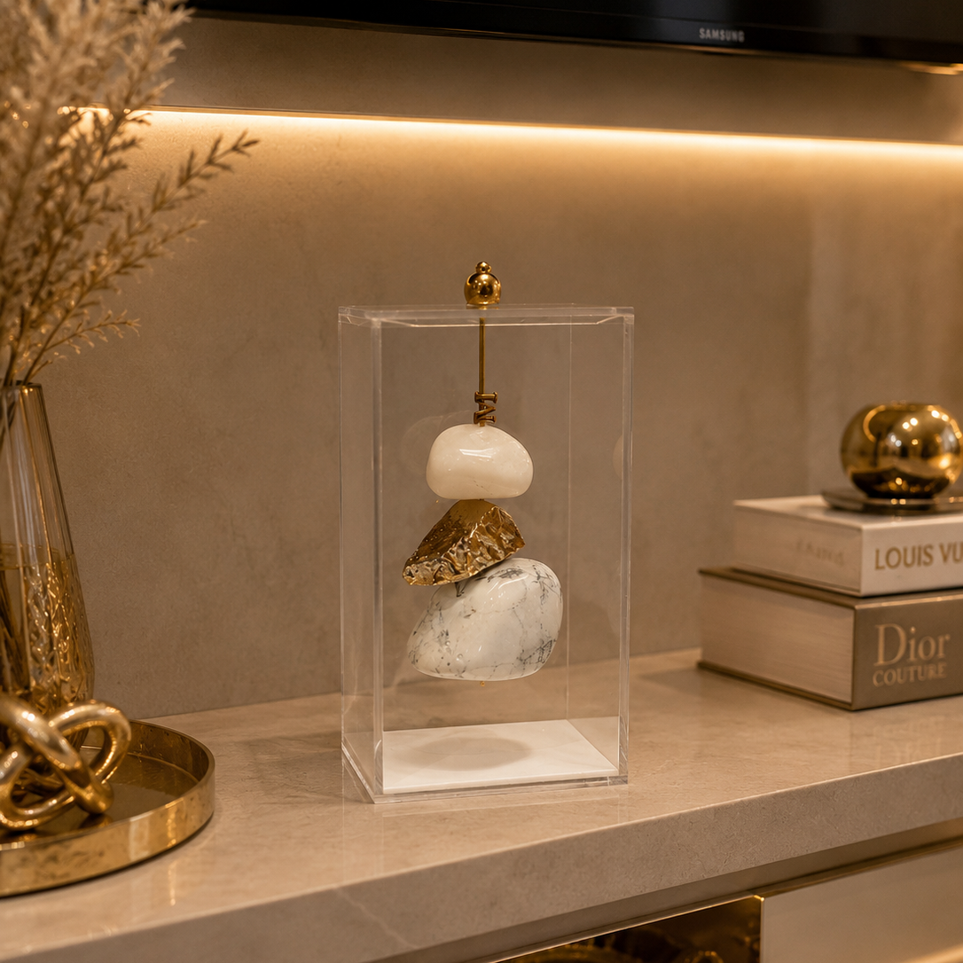Caixa de Acrílico Decorativa Com Pedra Natural - Howlita com Quartzo Branco.