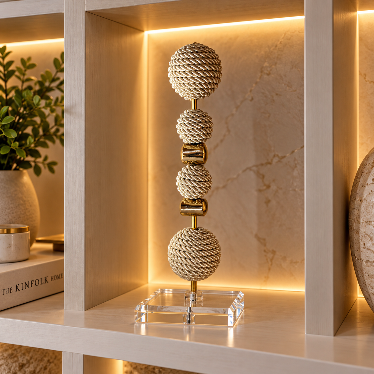 Escultura Decorativa de Esfera com fio de Macrame com Pedra Banhada.