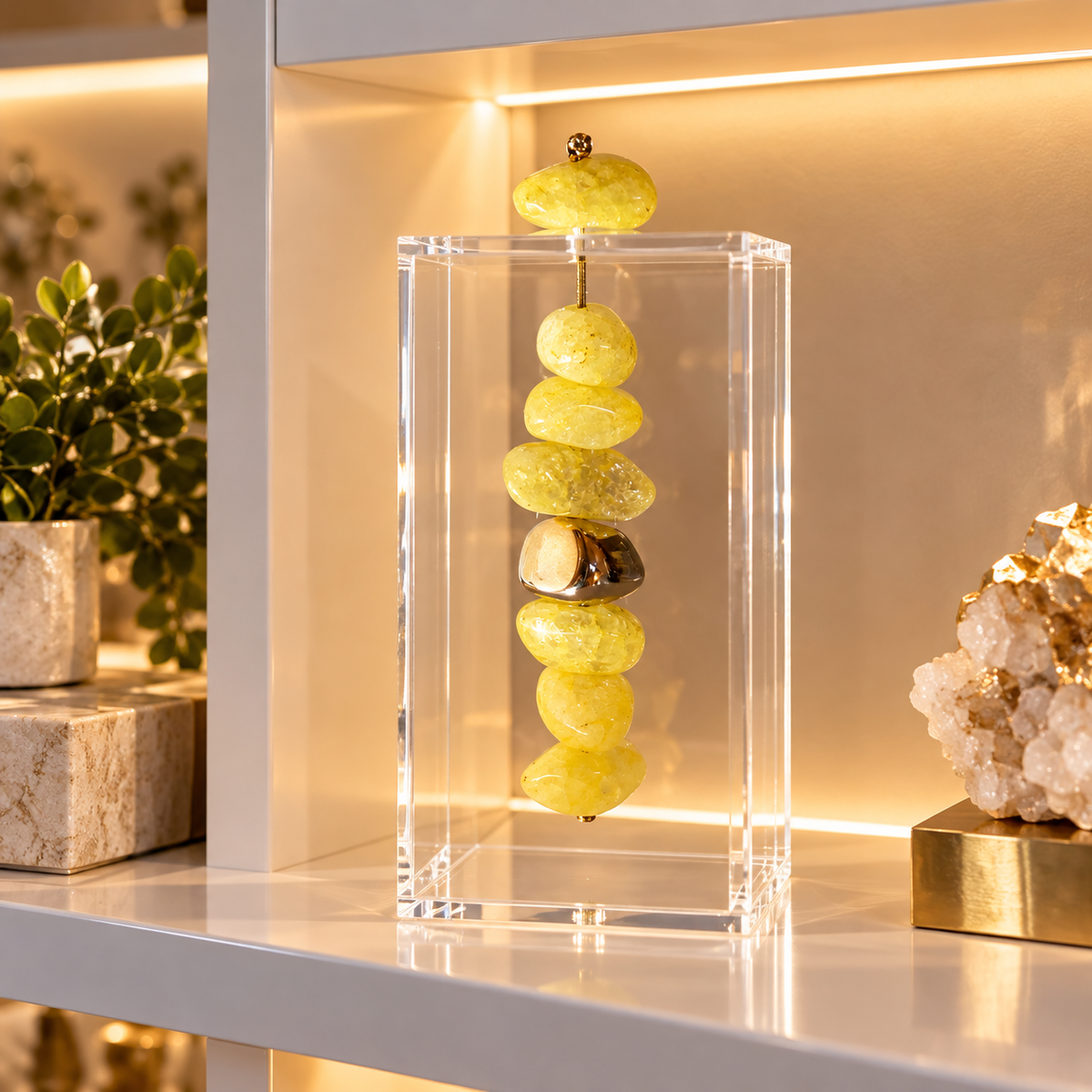Caixa decorativa de acrílico de Cristal Amarelo e Pedra Banhada.