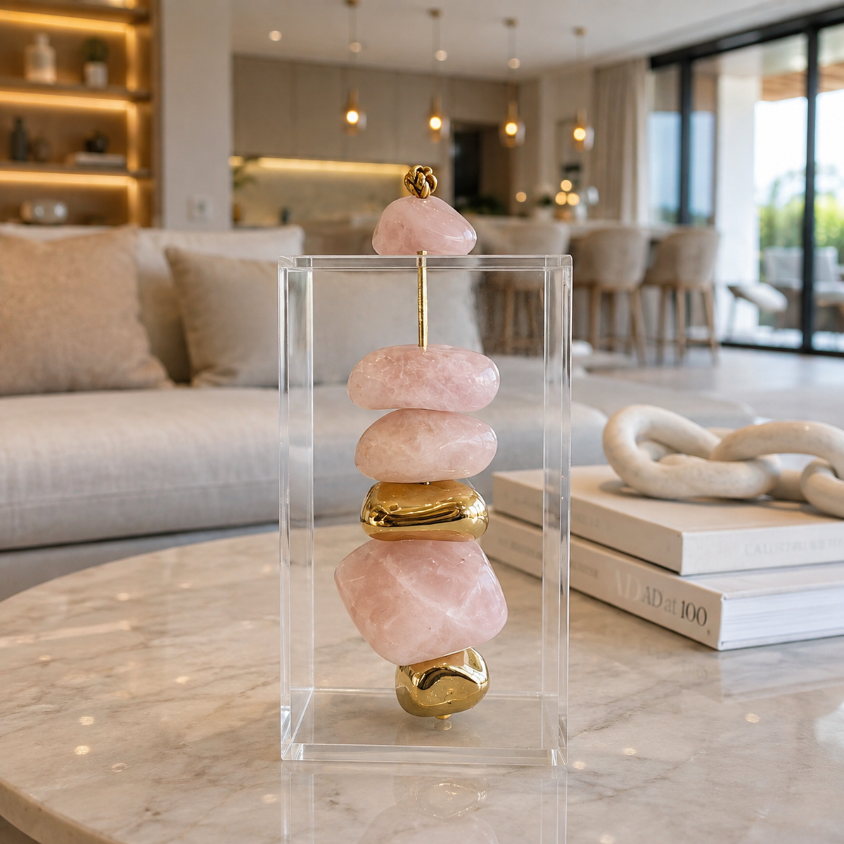 Caixa decorativa de acrílico de Quartzo Rosa e Banhada.