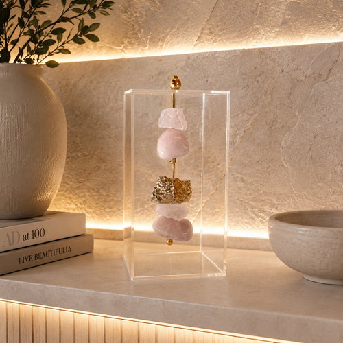 Caixa de Acrílico Decorativa Com Pedra Natural - Quartzo Rosa com Pedra Banhada.