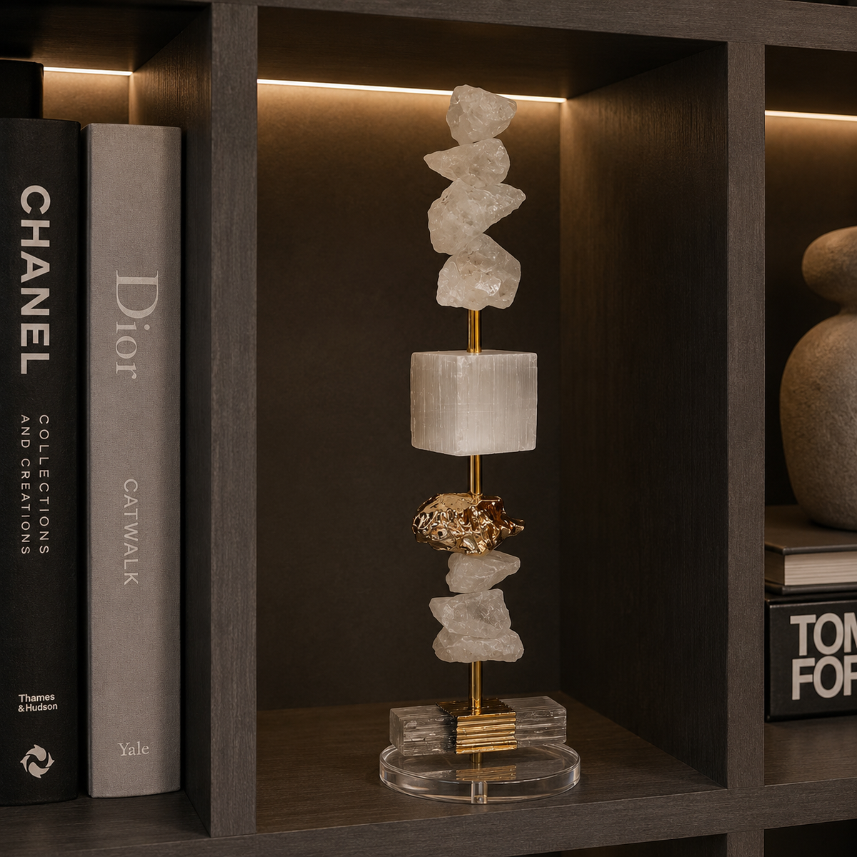 Escultura Decorativa de Selenita com Quartzo Branco Bruto.