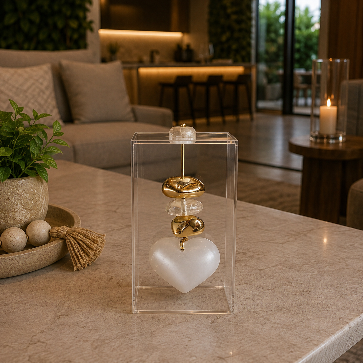 Caixa decorativa de acrílico de Cristal com Coração de Selenita.