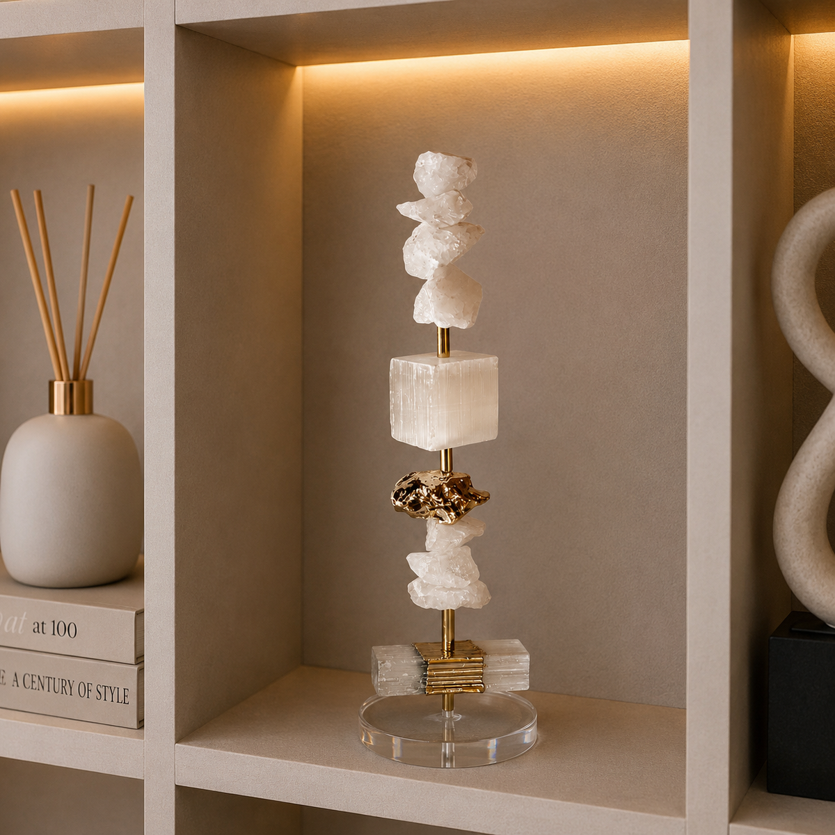 Escultura Decorativa de Selenita com Quartzo Branco Bruto.