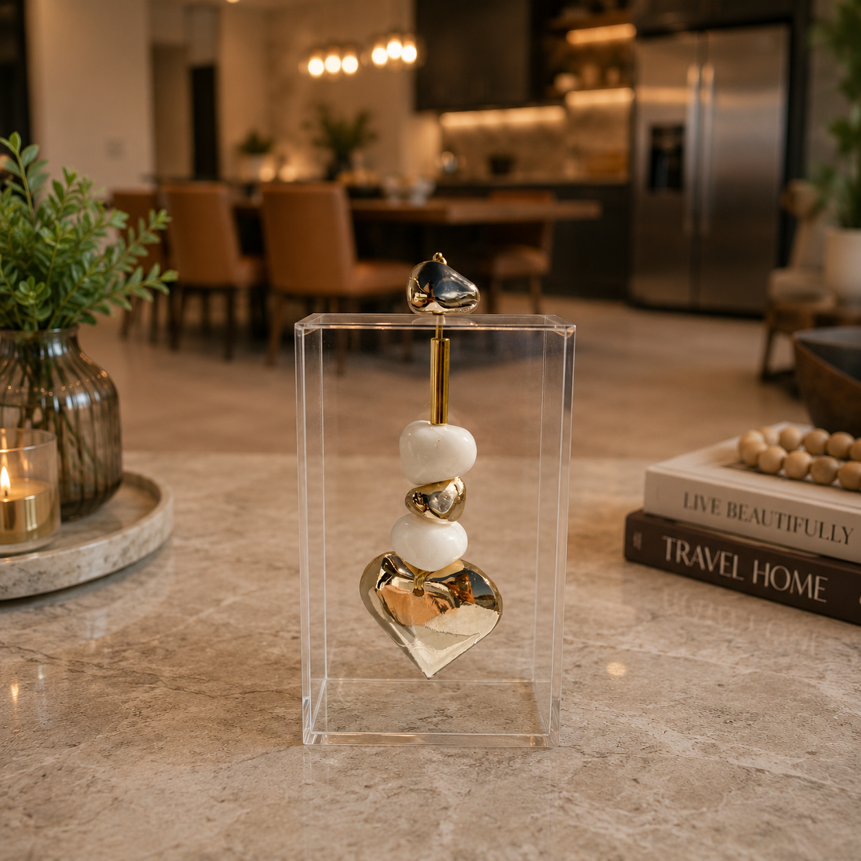 Caixa decorativa de acrílico com coração banhado e Quartzo Branco.