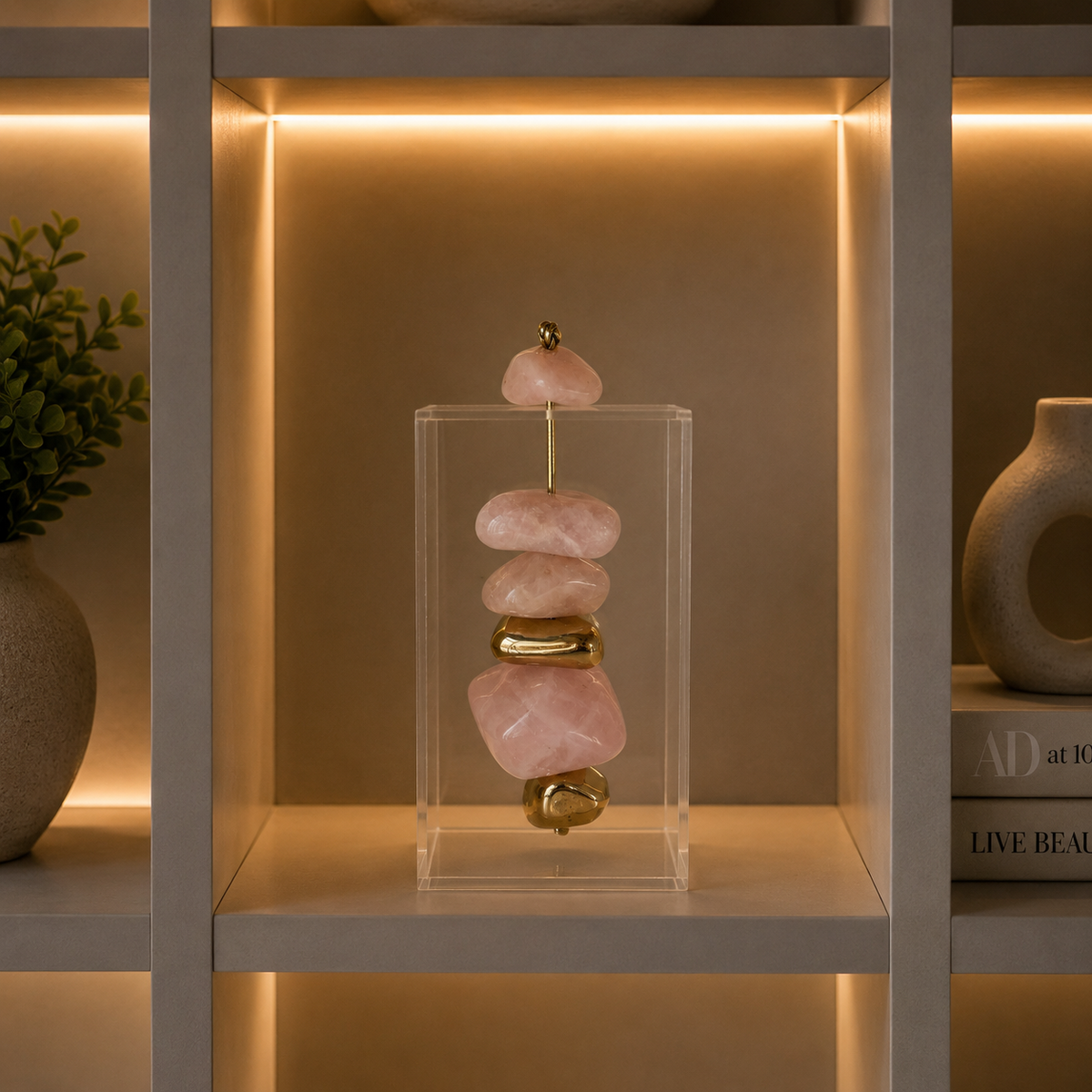 Caixa decorativa de acrílico de Quartzo Rosa e Banhada.