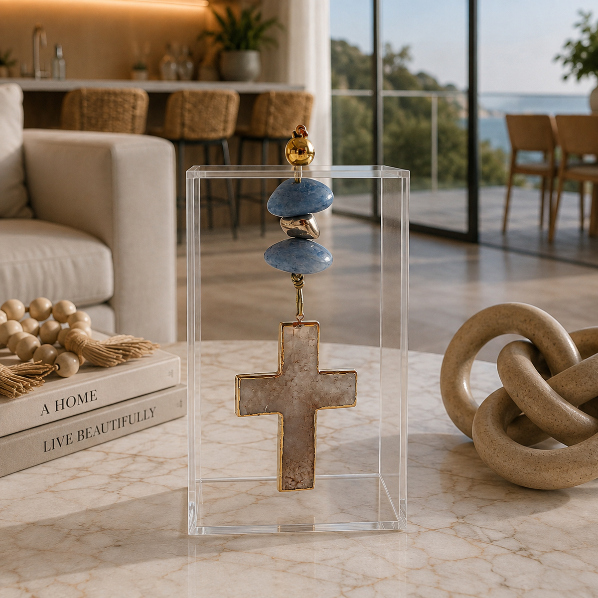 Caixa decorativa de acrílico de Cruz de Pedra Natural e Quartzo Azul.