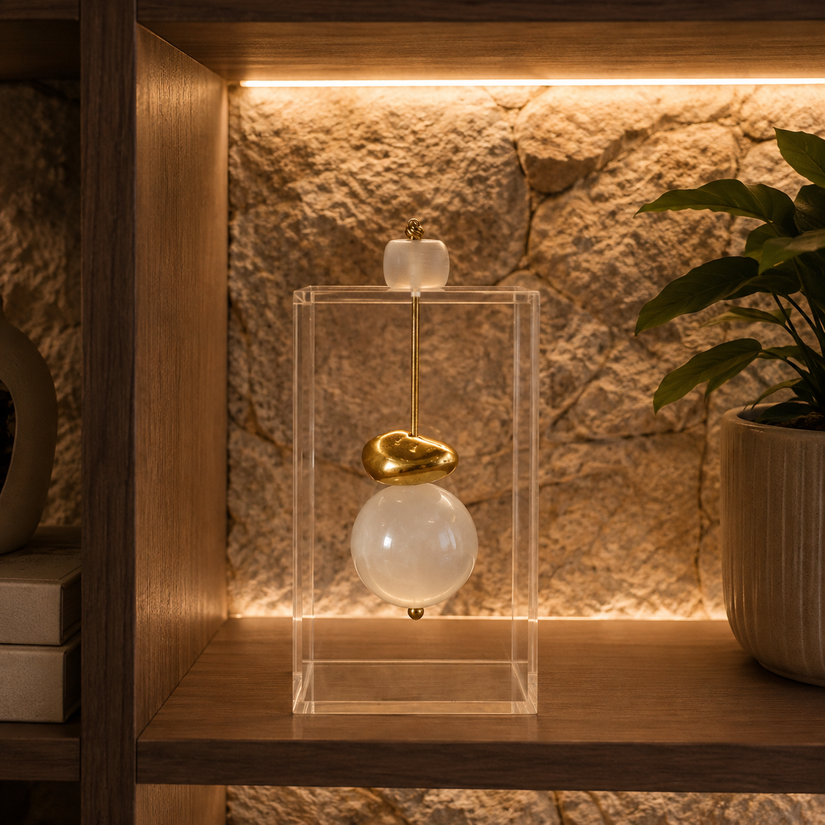 Caixa decorativa de acrílico de Esfera de Selenita e Banhada.