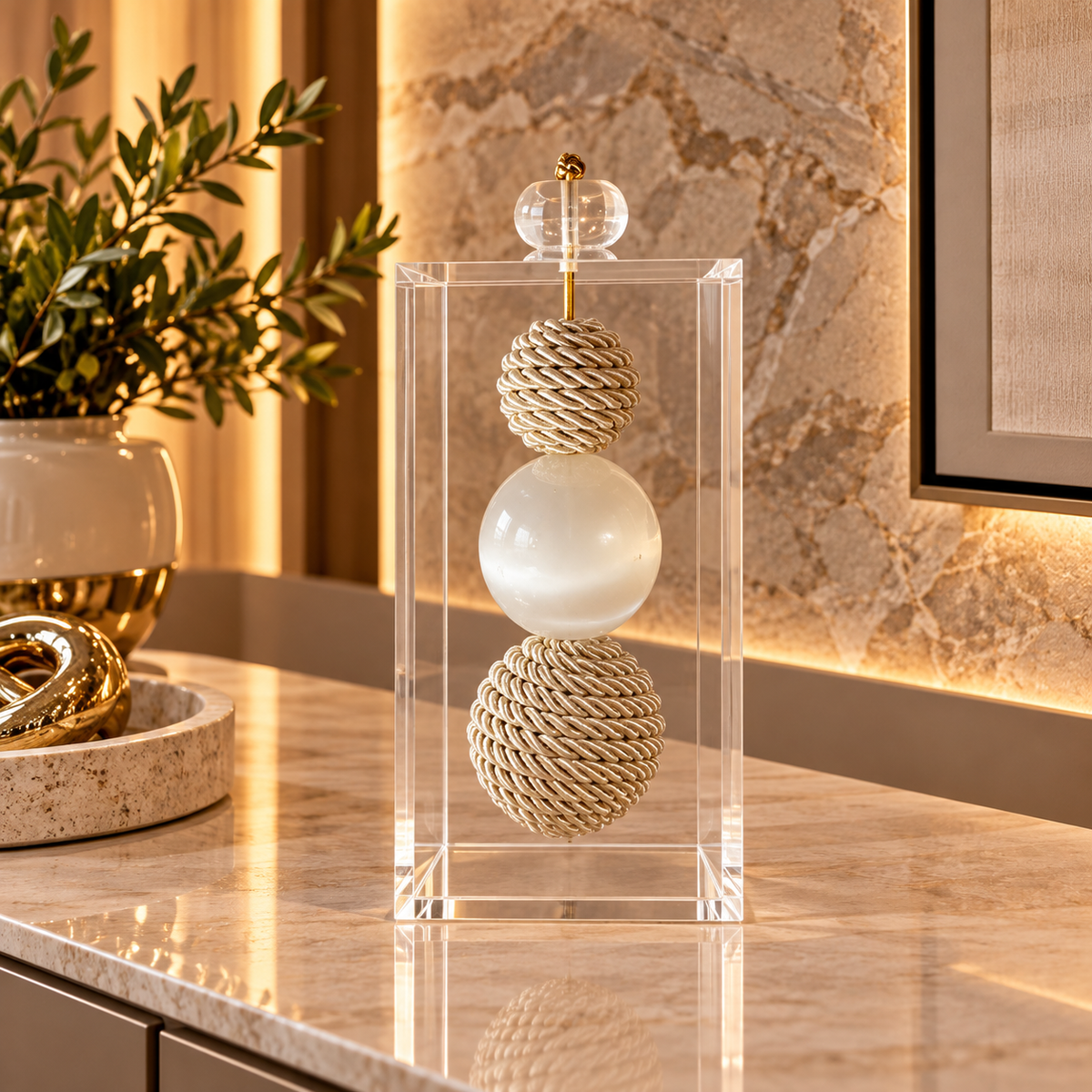Caixa decorativa de acrílico de Esfera de Fio de Macrame e Selenita.