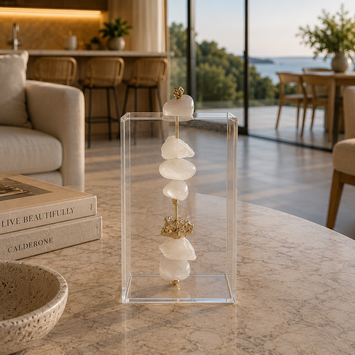 Caixa decorativa de acrílico de Quartzo Branco e Banhada Bruta.