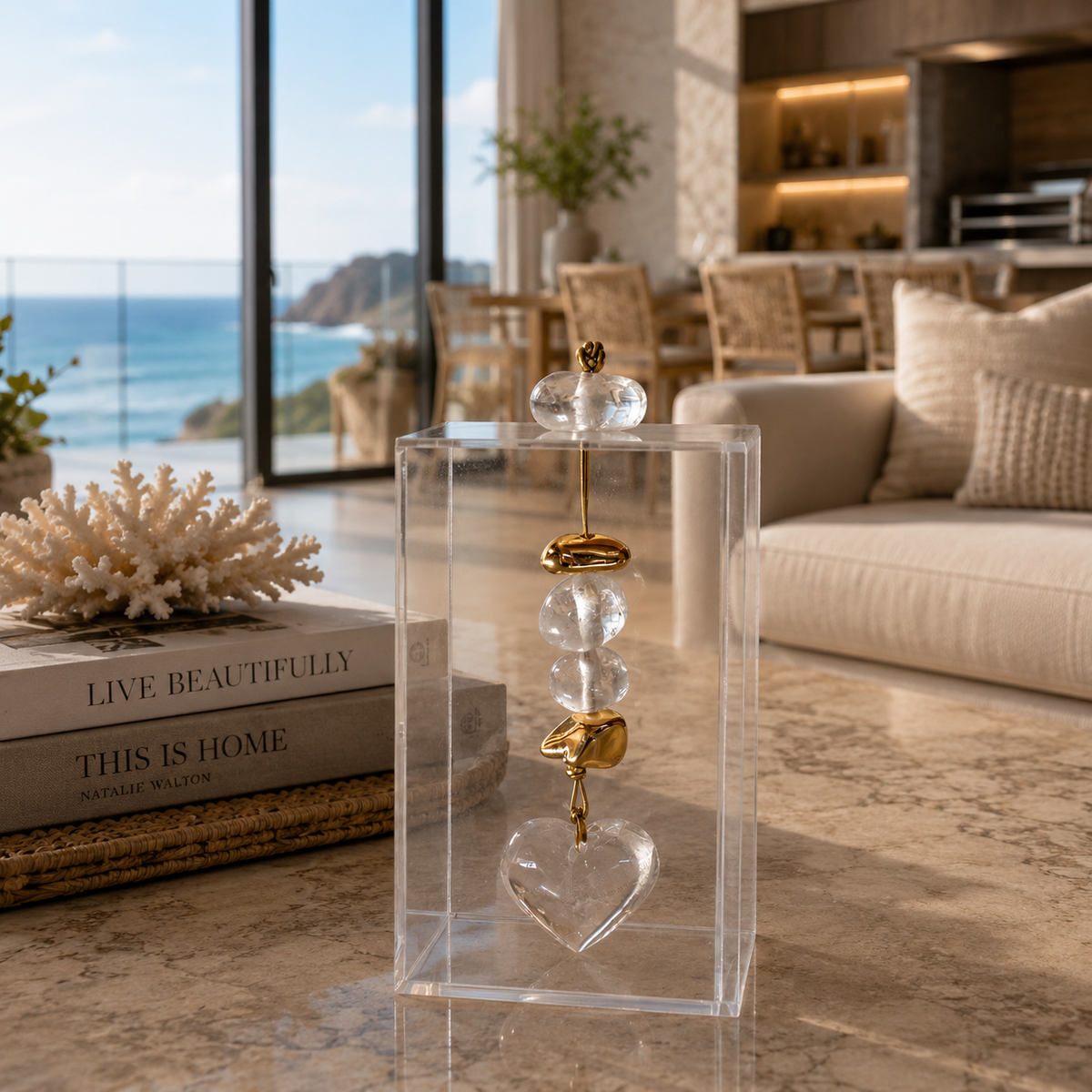 Caixa decorativa de acrílico de Pedras e Coração de Cristal.