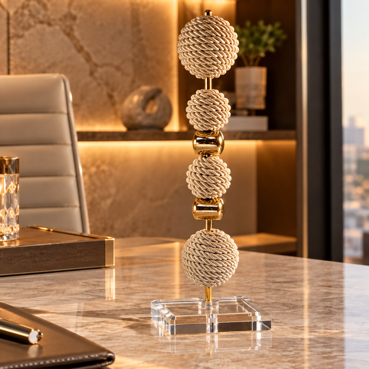 Escultura Decorativa de Esfera com fio de Macrame com Pedra Banhada.