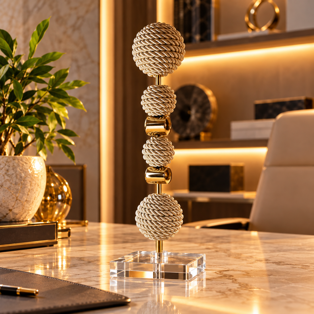 Escultura Decorativa de Esfera com fio de Macrame com Pedra Banhada.