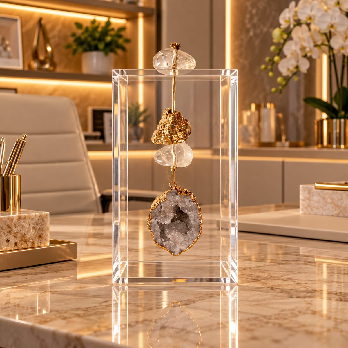 Caixa decorativa de acrílico de Cristal com Geodo Marrocos.