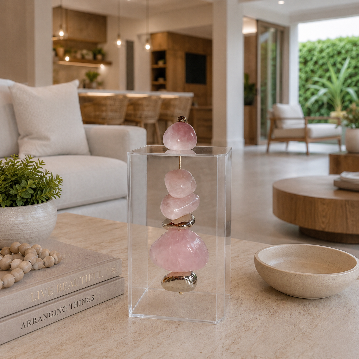 Caixa decorativa de acrílico de Quartzo Rosa e Banhada.