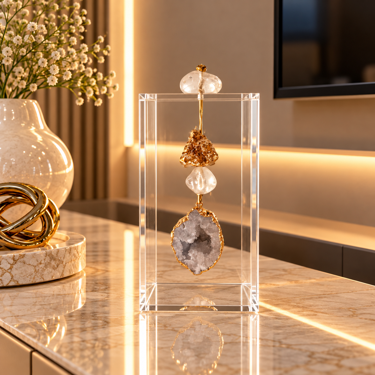 Caixa decorativa de acrílico de Cristal com Geodo Marrocos.