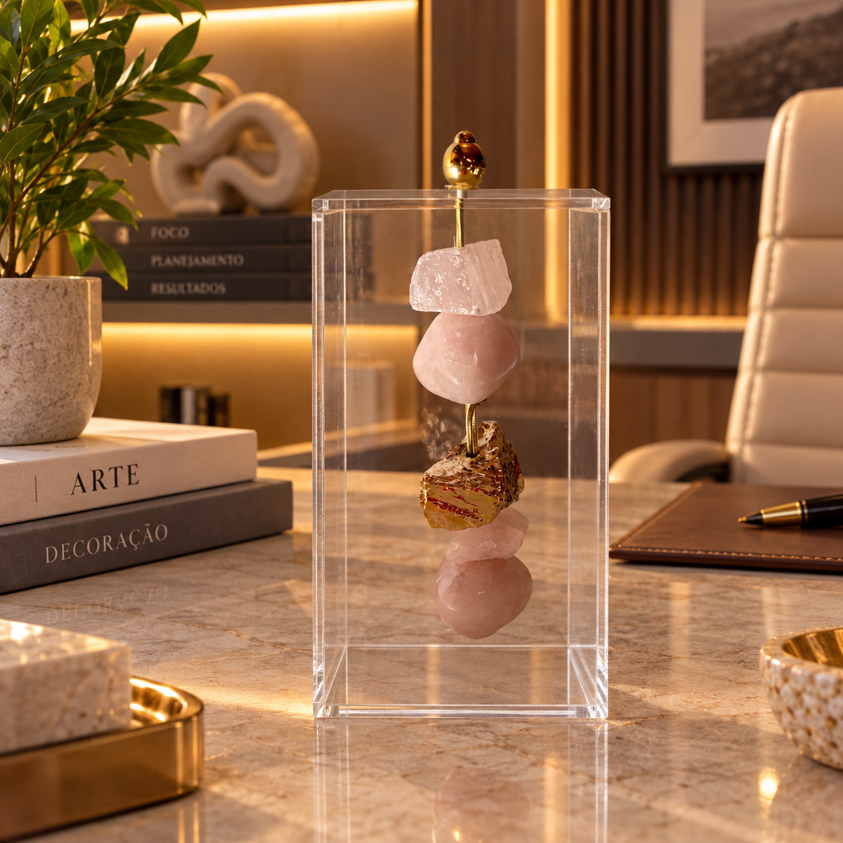 Caixa de Acrílico Decorativa Com Pedra Natural - Quartzo Rosa com Pedra Banhada.