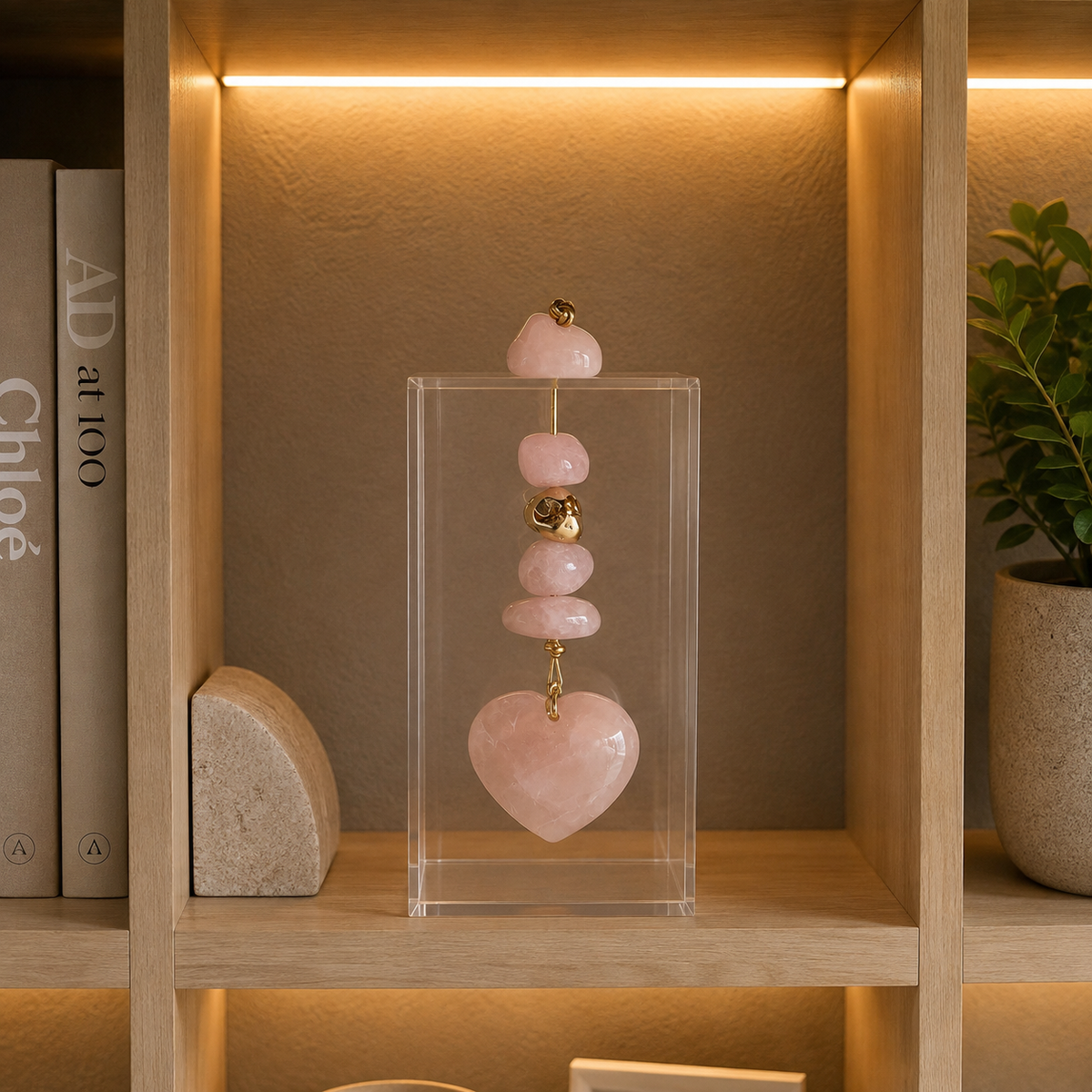 Caixa decorativa de acrílico de Coração de pedras de Quartzo Rosa.