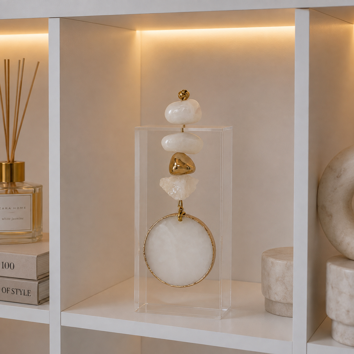 Caixa decorativa de acrílico de Quartzo Branco e Ponteira de Selenita.