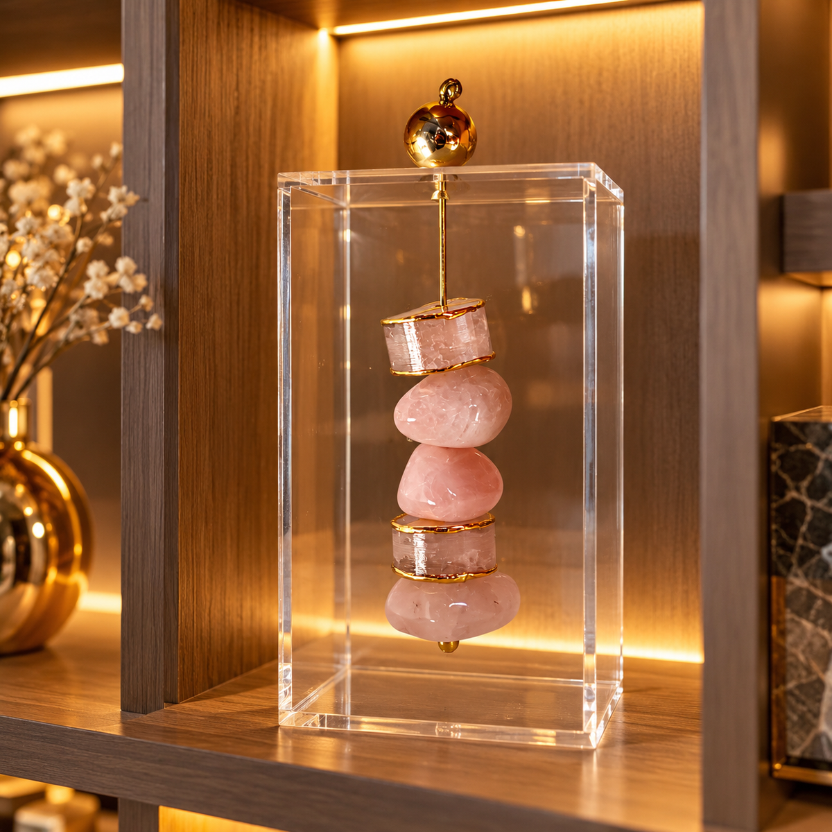 Caixa decorativa de acrílico de Quartzo Rosa e Selenita Banhada.