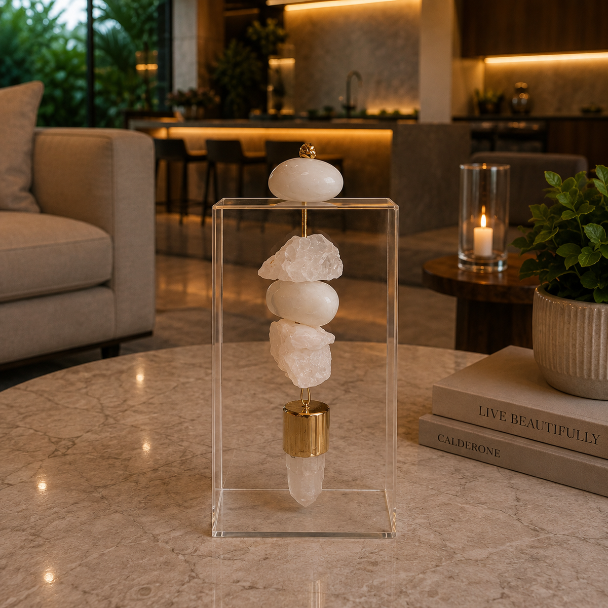 Caixa de Acrílico Decorativa Com Pedra Natural - Quartzo Branco com torre de Selenita banhada.