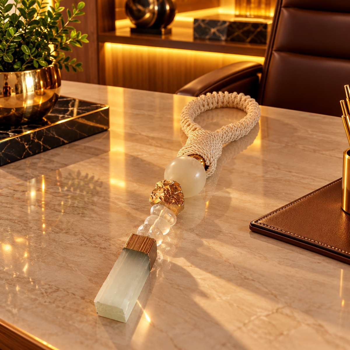 Colar de Mesa Bruna - Quartzo Branco com Selenita e medalha da Árvore da Família.