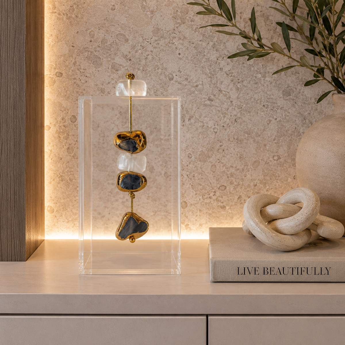 Caixa decorativa de acrílico de Pedra Natural Banhada com Selenita.