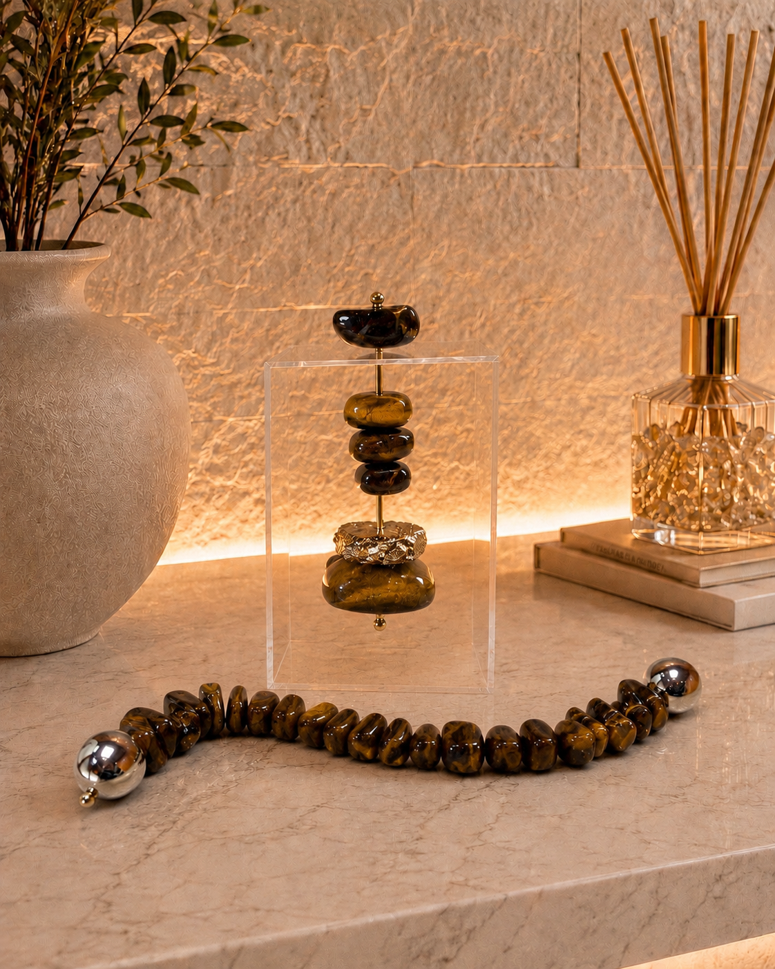 Colar de Mesa de Olho de Tigre com Esfera Banhada.