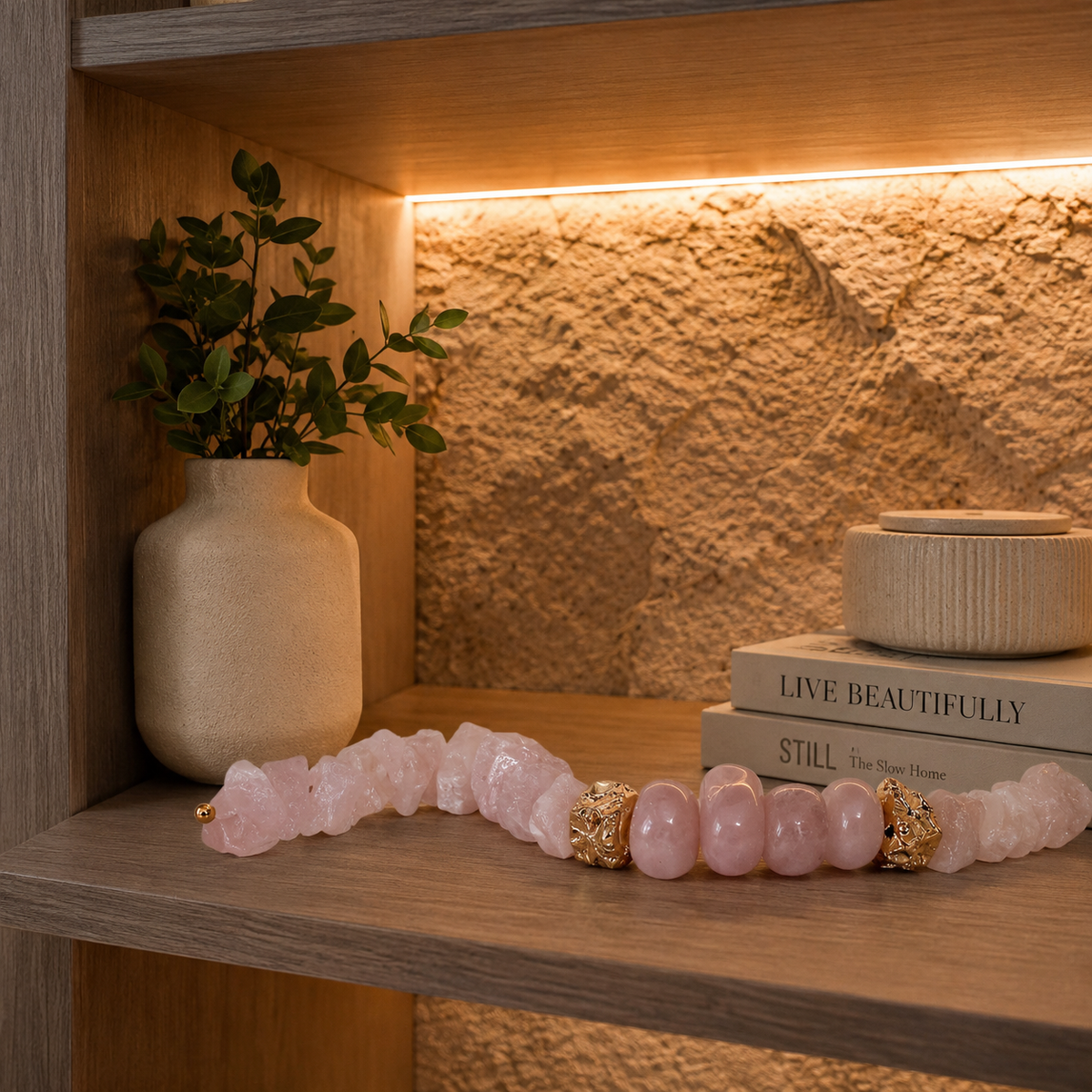 Colar de Mesa Bela- Quartzo Rosa com Pedra Banhada.