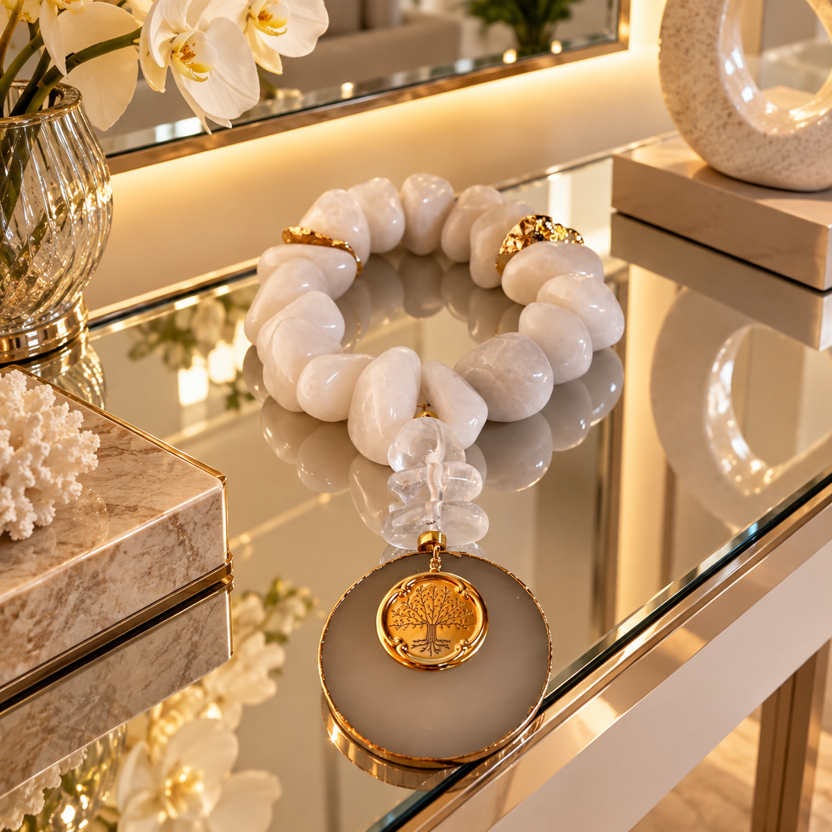 Colar de Mesa Ivy - Quartzo Branco com Selenita e medalha da Árvore da Família.